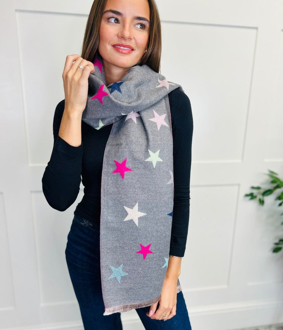 Grey Star Print Cashmere Blend Blanket Scarf