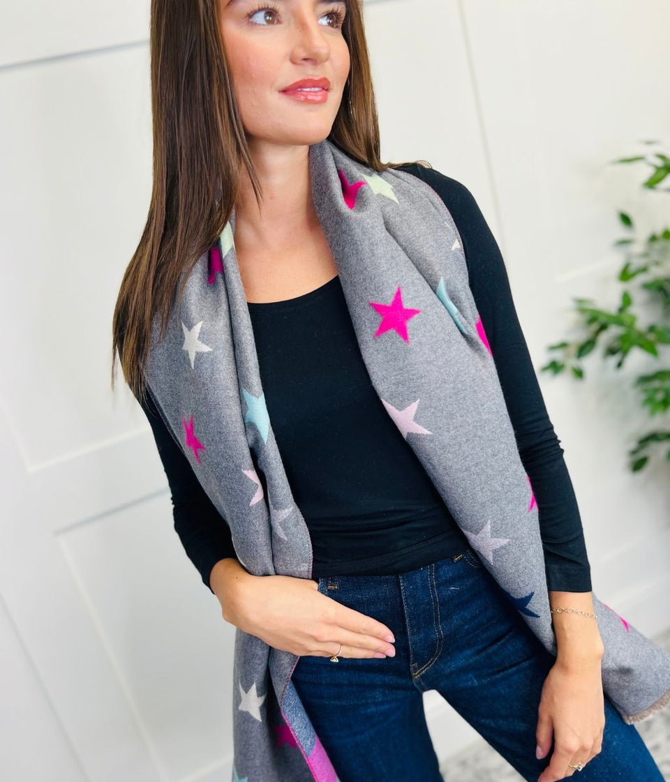 Grey Star Print Cashmere Blend Blanket Scarf