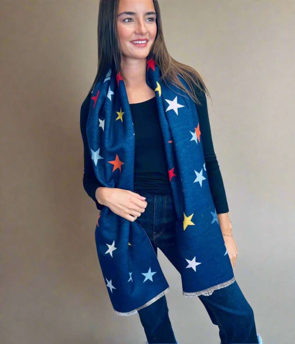 Navy Star Print Cashmere Blend Blanket Scarf