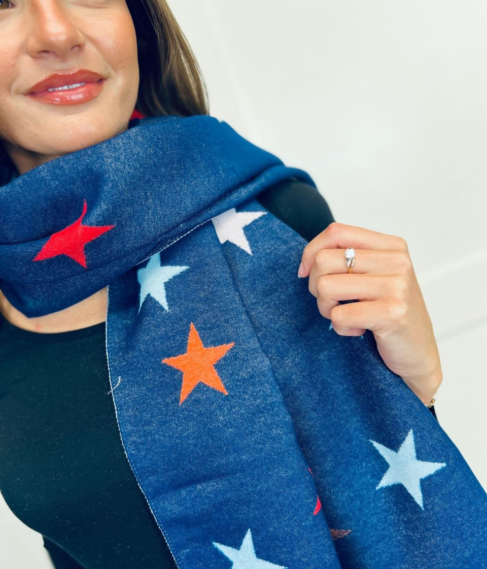 Navy Star Print Cashmere Blend Blanket Scarf