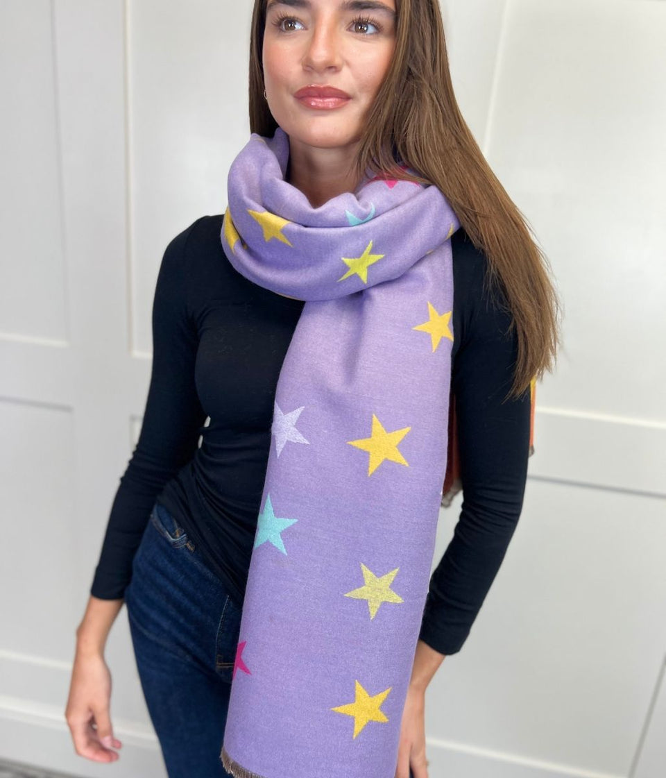 Purple Star Print Cashmere Blend Blanket Scarf