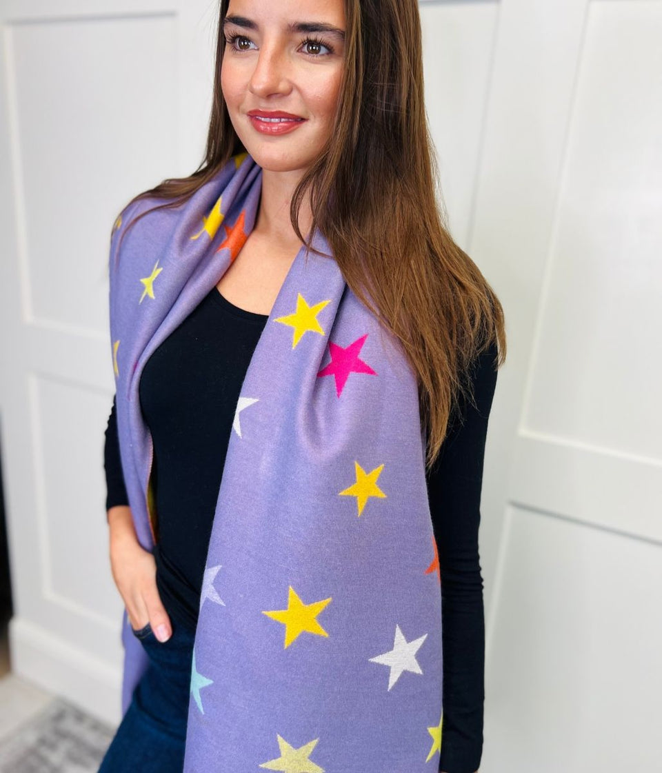 Purple Star Print Cashmere Blend Blanket Scarf