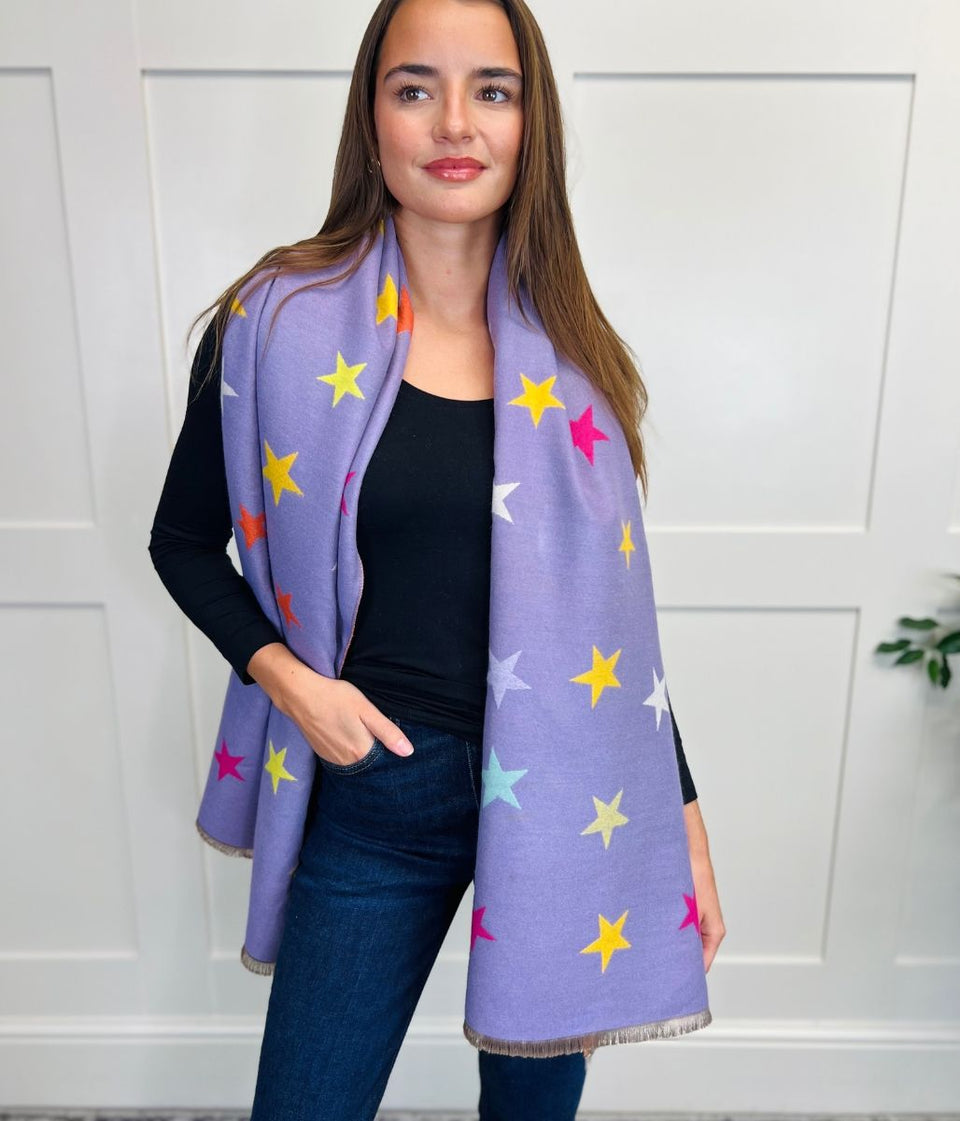 Purple Star Print Cashmere Blend Blanket Scarf