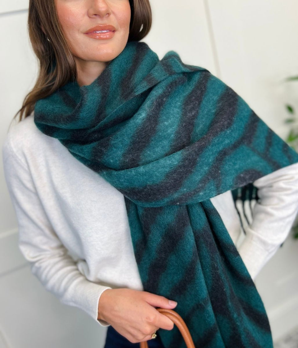 Teal Zebra Cashmere Blend Blanket Scarf