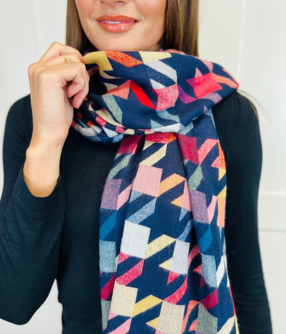 Navy Houndstooth Print Cotton Scarf