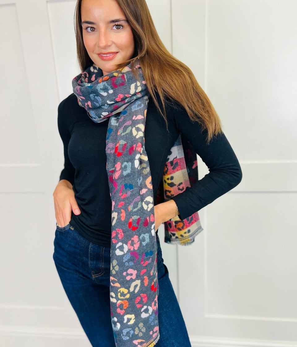 Grey Animal Print Cotton Scarf