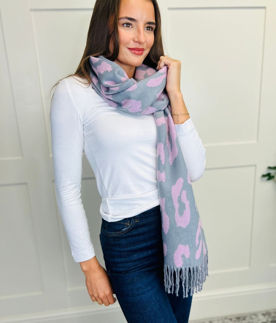 Grey Leopard Print Cashmere Blend Scarf