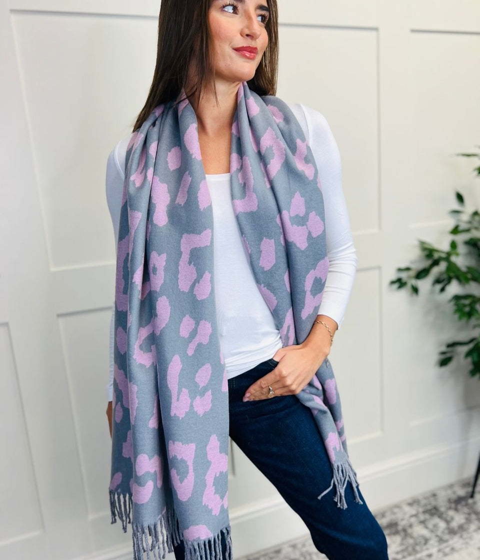 Grey Leopard Print Cashmere Blend Scarf