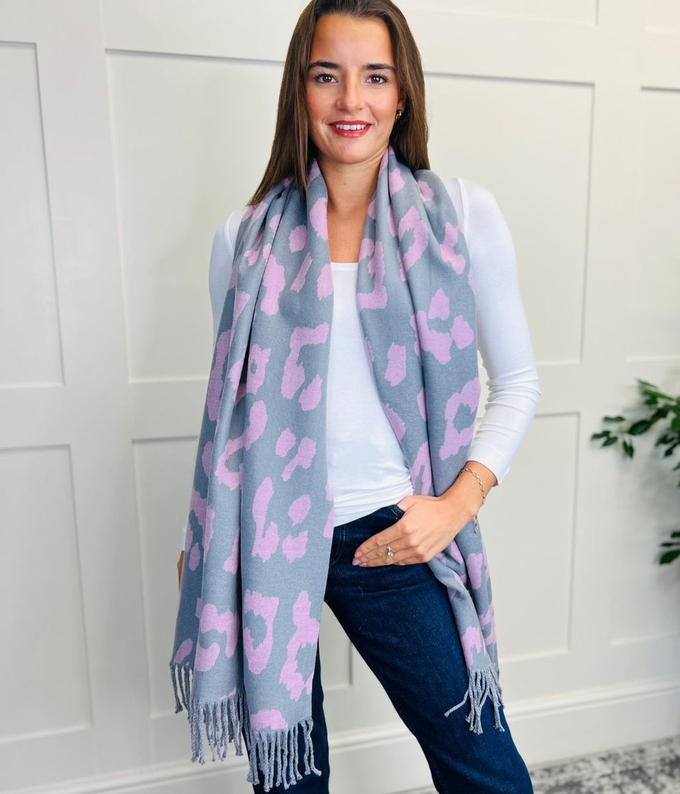 Grey Leopard Print Cashmere Blend Scarf