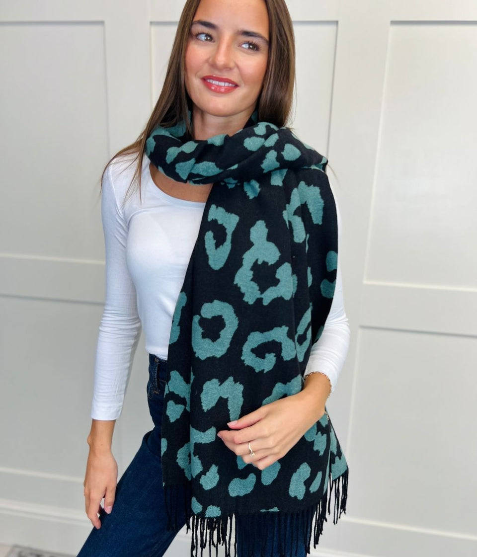 Green Leopard Print Cashmere Blend Scarf