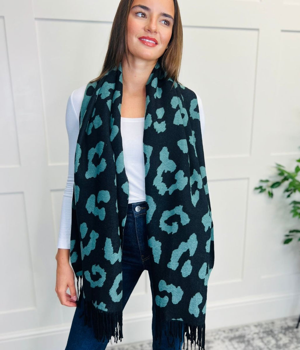 Green Leopard Print Cashmere Blend Scarf