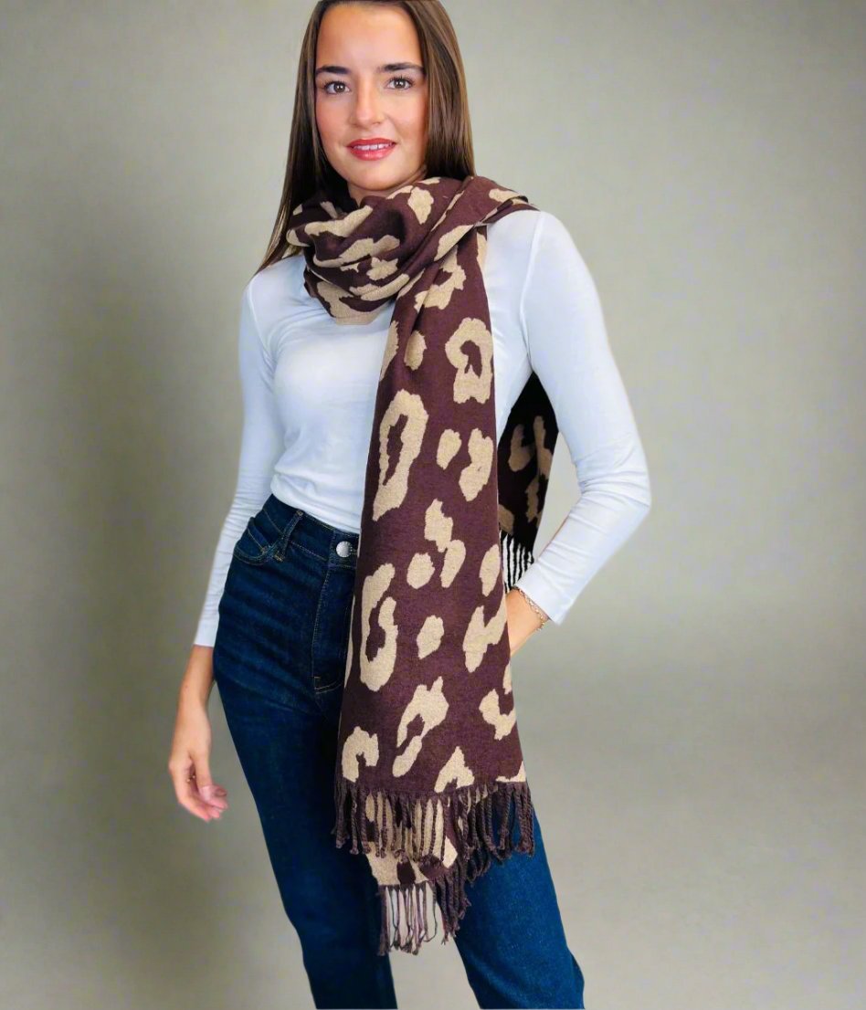 Coffee Leopard Print Cashmere Blend Scarf