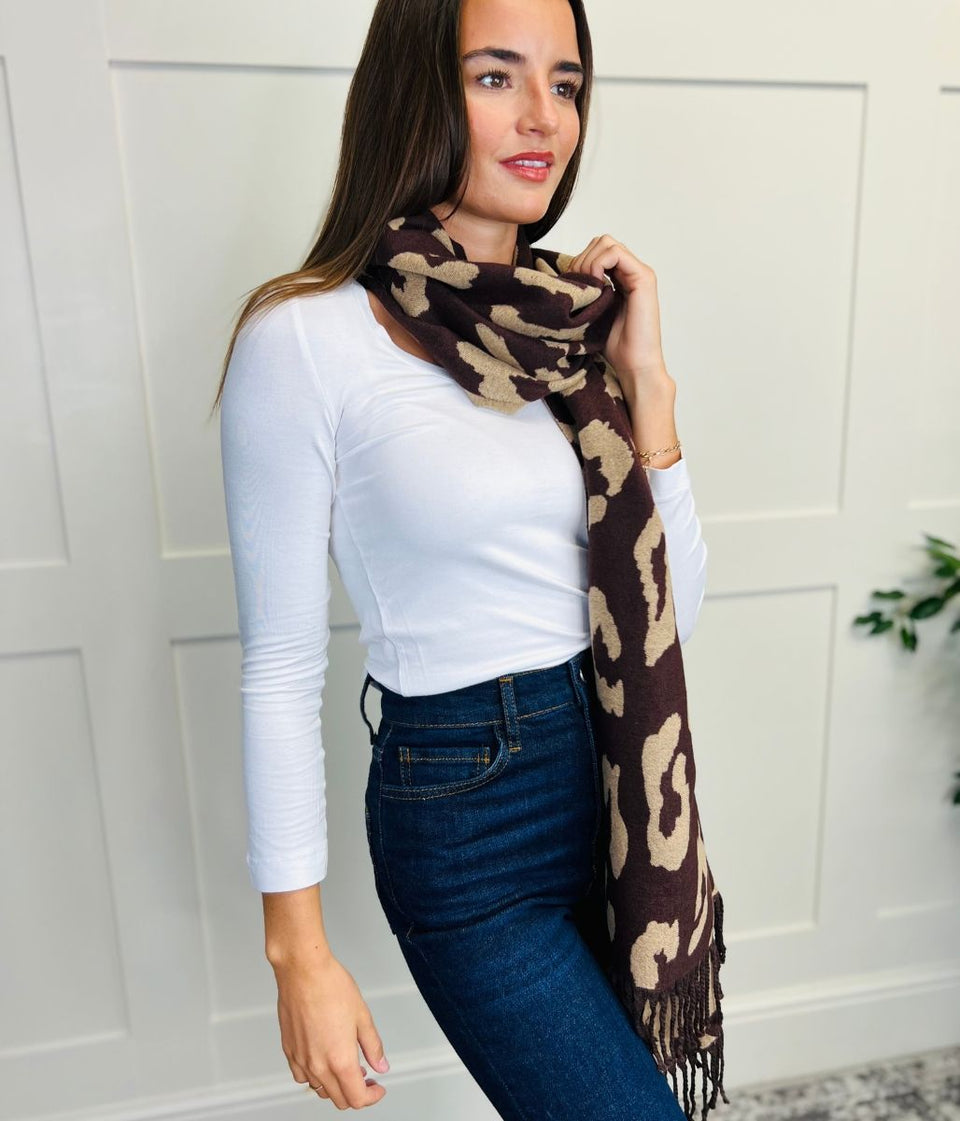 Coffee Leopard Print Cashmere Blend Scarf