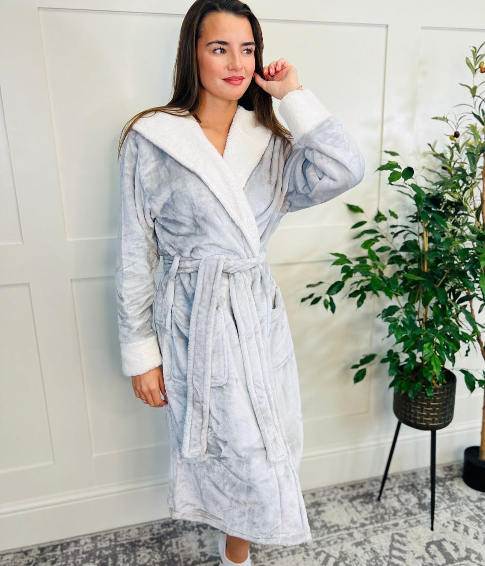 Grey Soft Fleece Hooded Dressing Gown