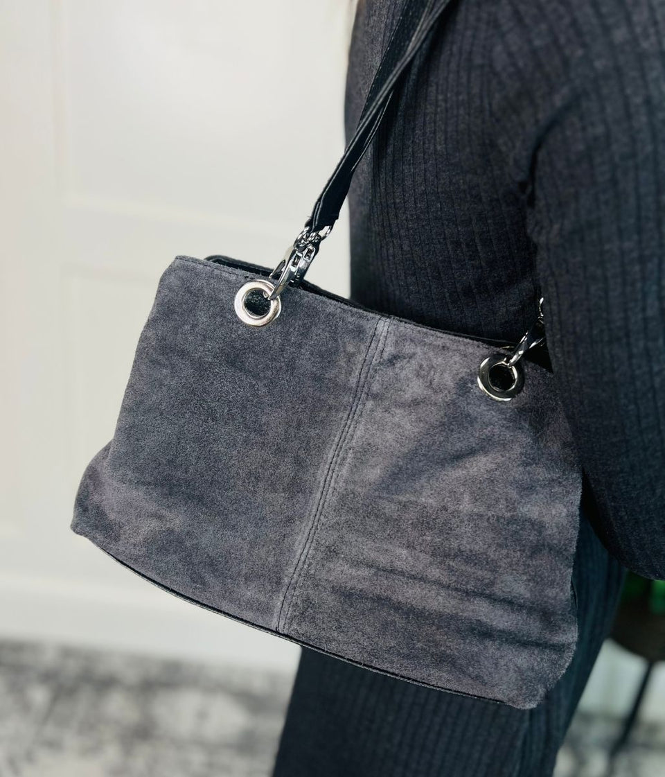 Grey Suede Contrast Handbag