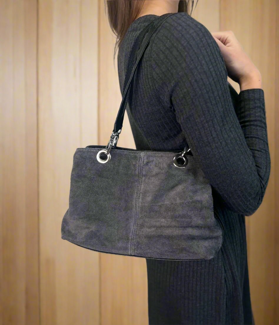 Grey Suede Contrast Handbag