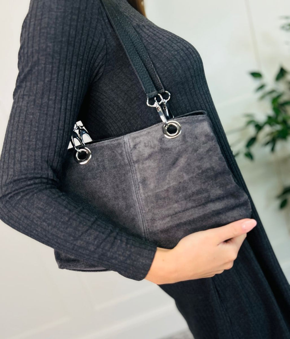 Grey Suede Contrast Handbag