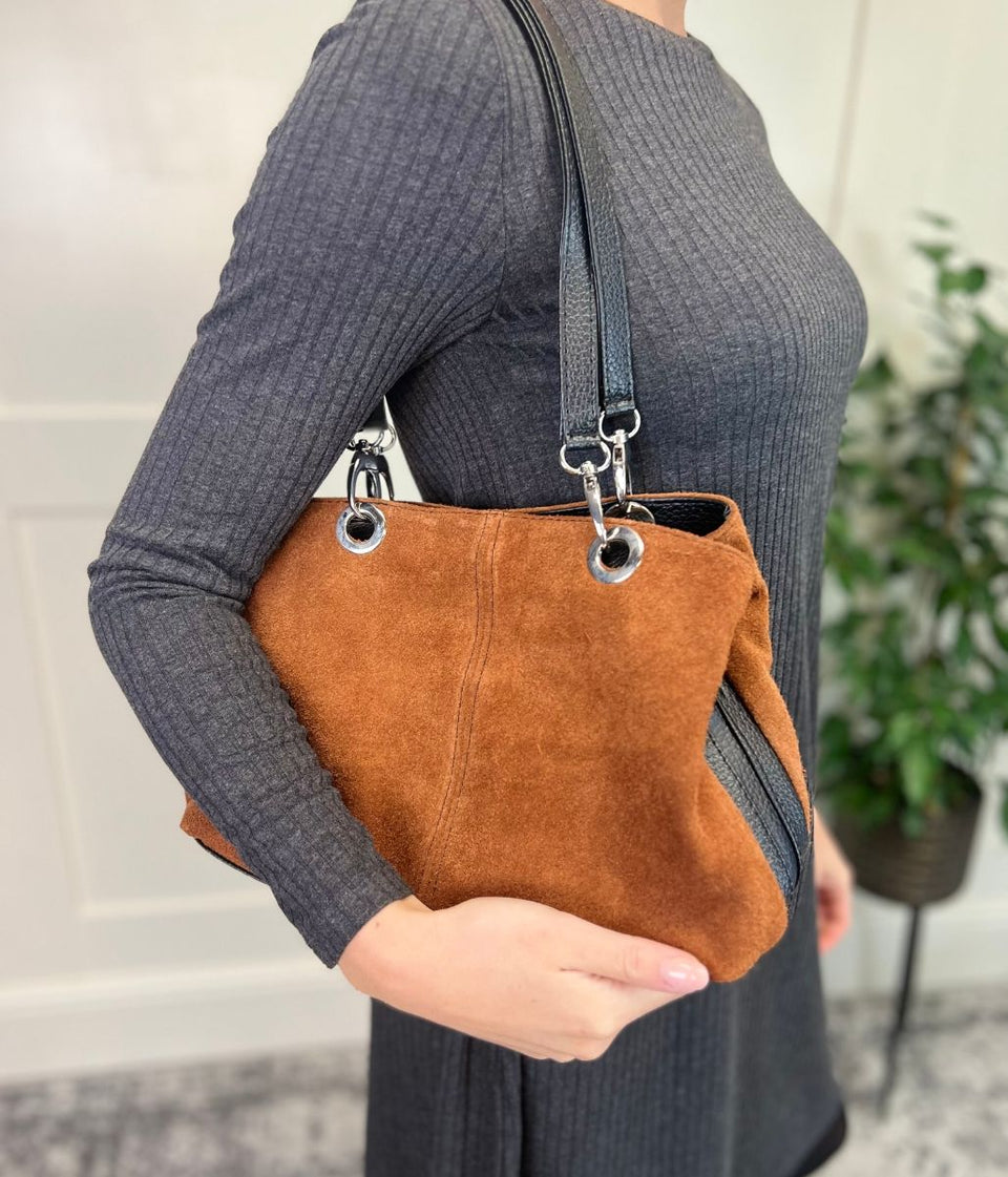 Tan Suede Contrast Handbag