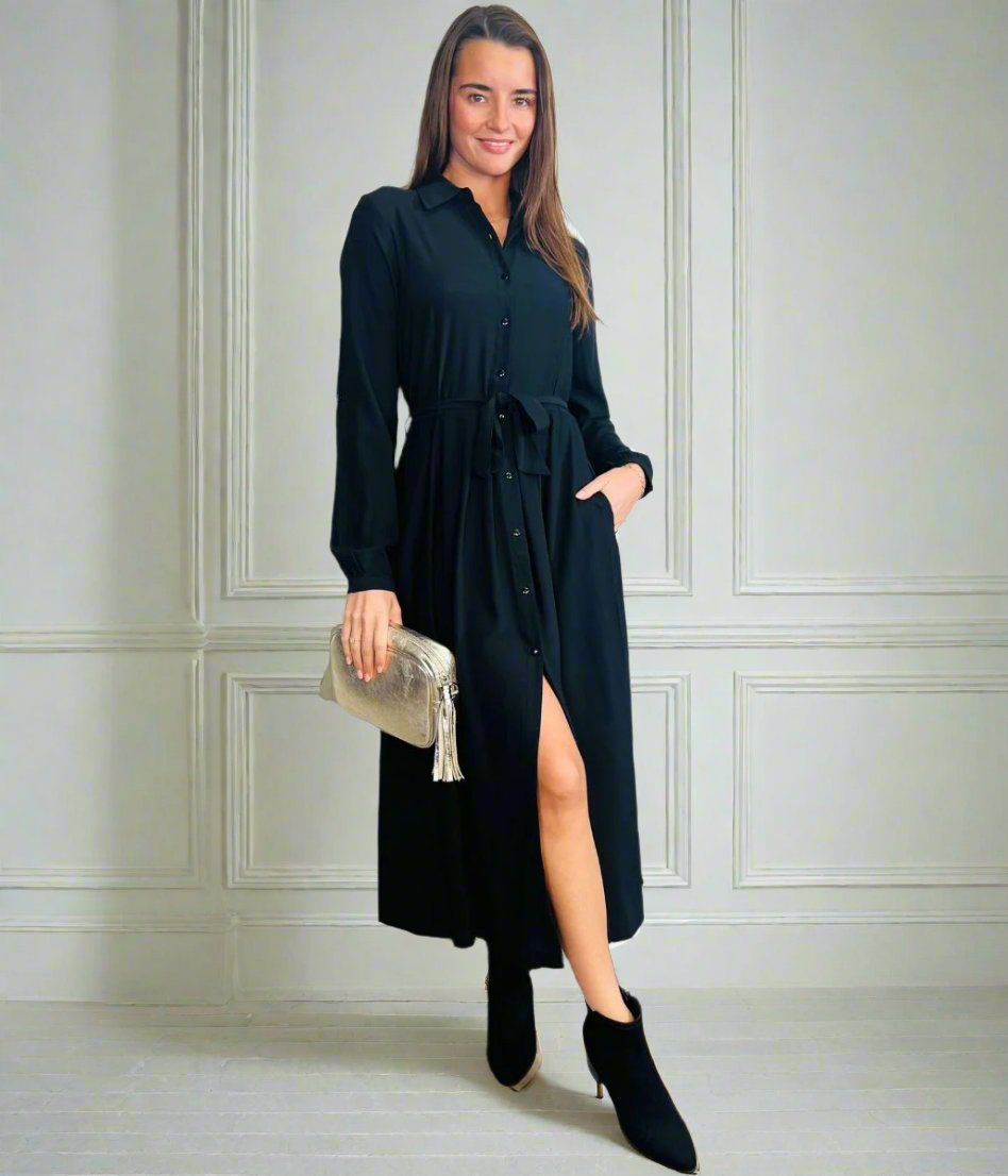 womens black belted midaxi dress