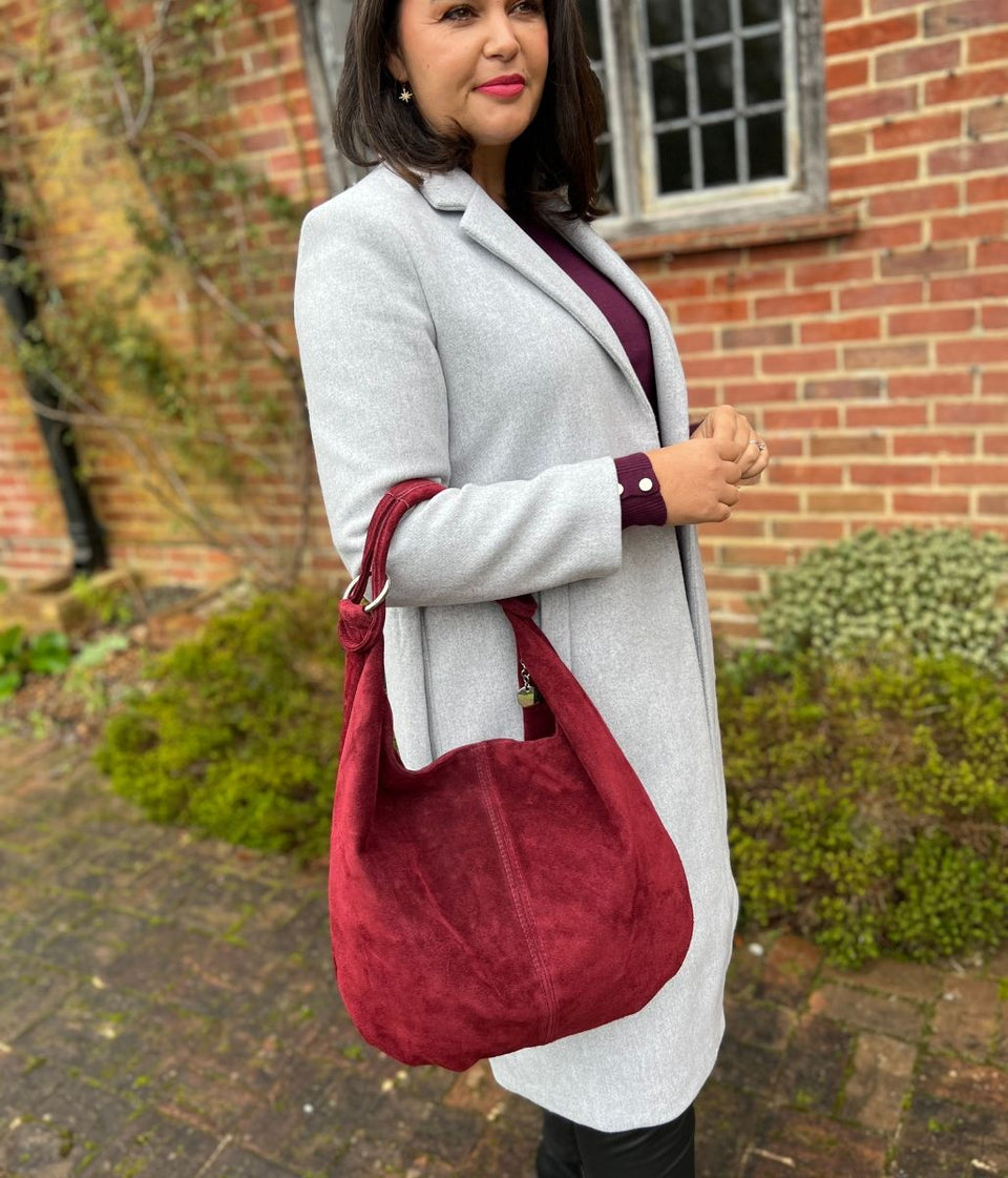 Burgundy Suede Zipped Tote Bag