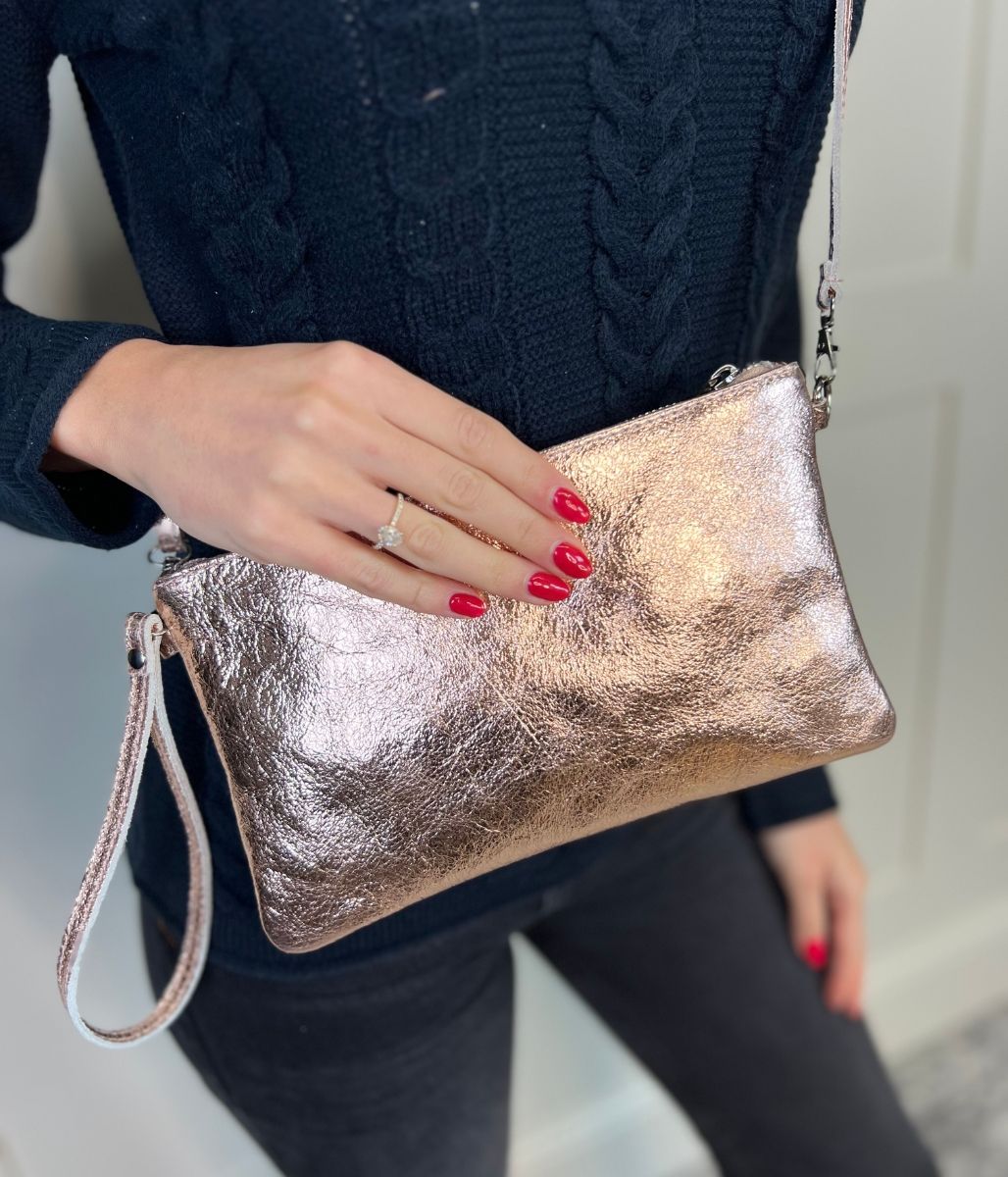 Rose Gold Metallic Leather Clutch Bag Highstreet Outlet UK