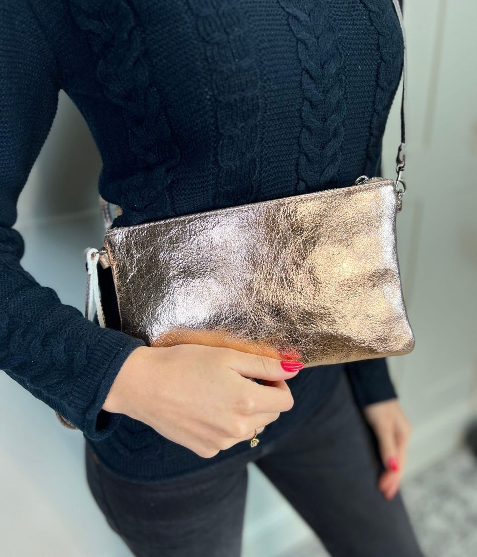 Rose Gold Metallic Leather Clutch Bag