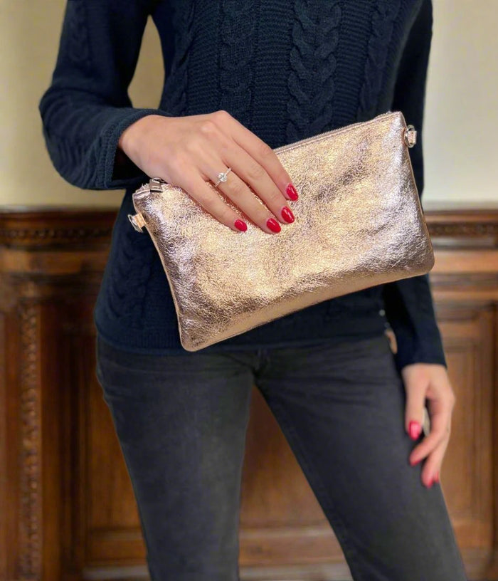 Rose Gold Metallic Leather Clutch Bag Highstreet Outlet UK