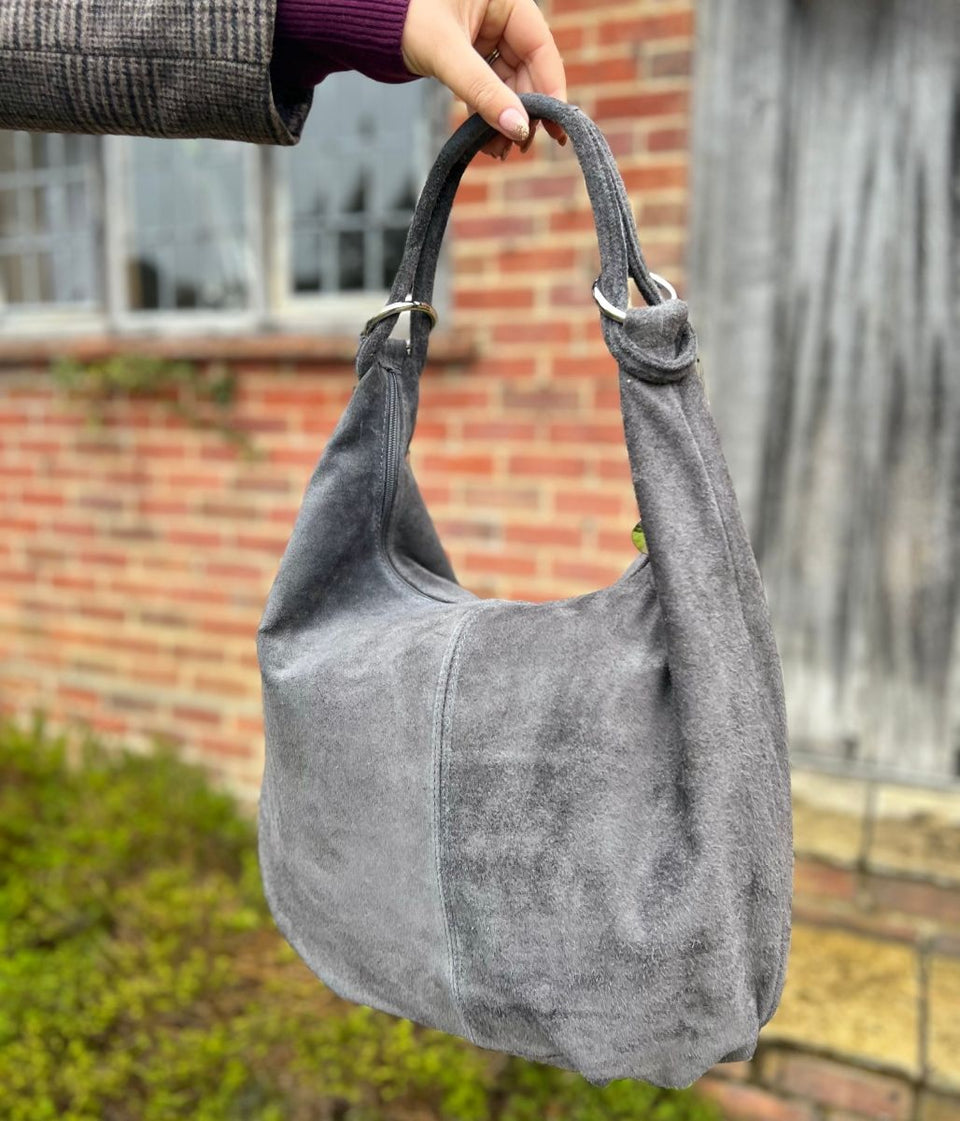 Grey Suede Zipped Tote Bag