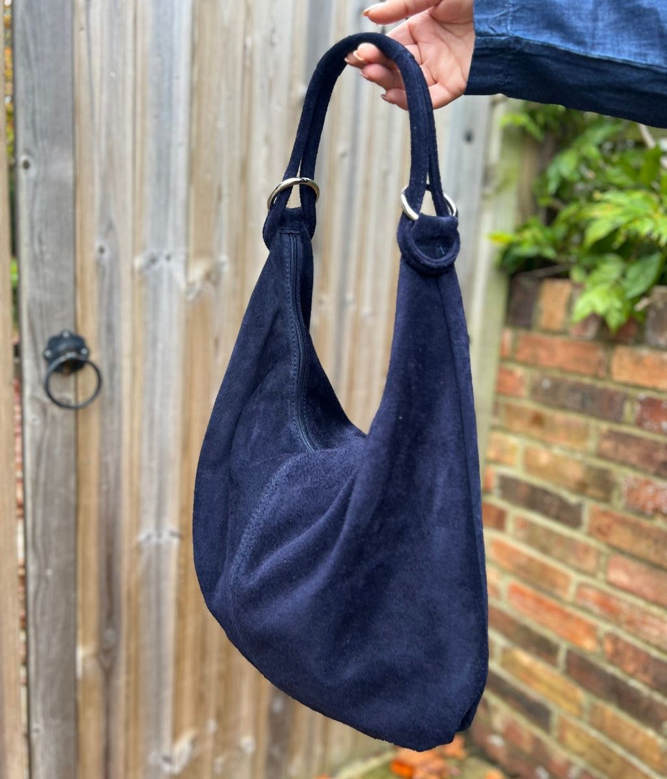 Navy Suede Zipped Tote Bag