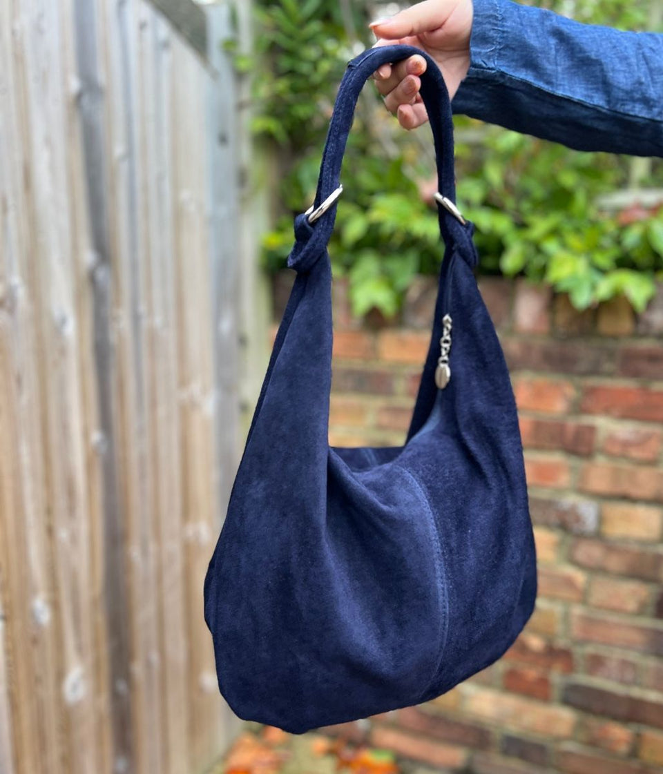 Navy Suede Zipped Tote Bag