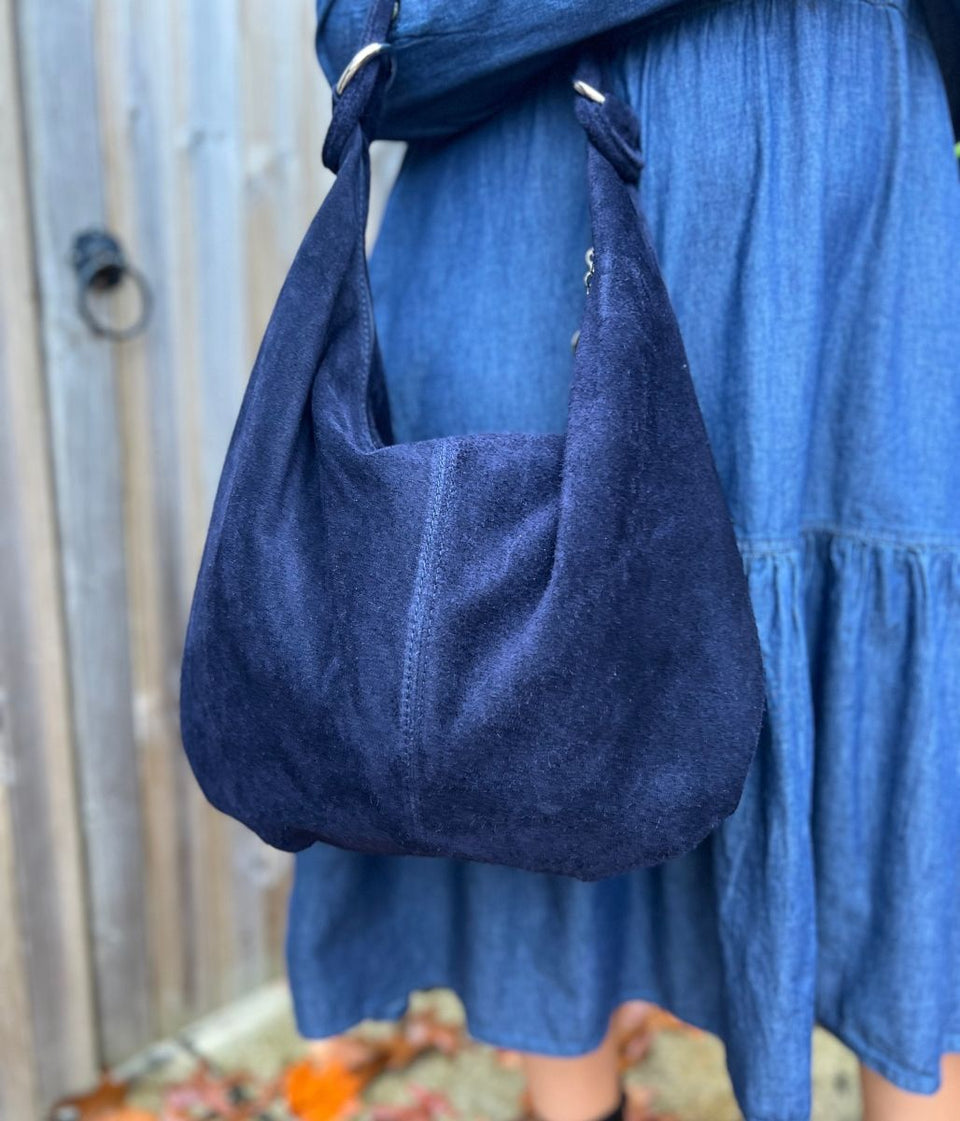 Navy Suede Zipped Tote Bag