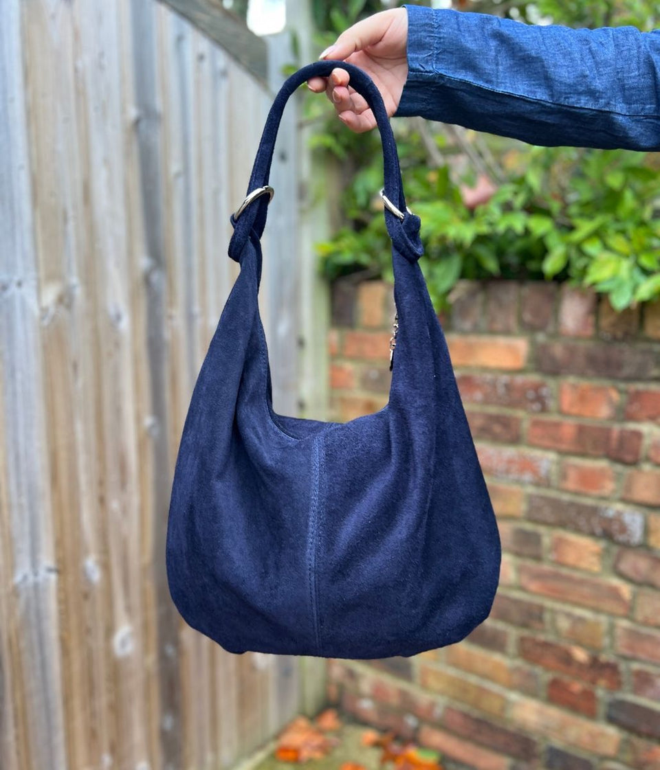 Navy Suede Zipped Tote Bag