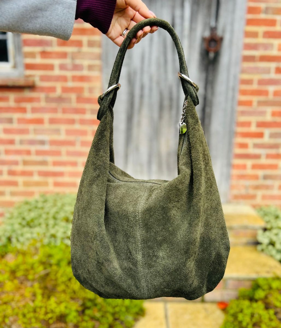 Green Suede Zipped Tote Bag