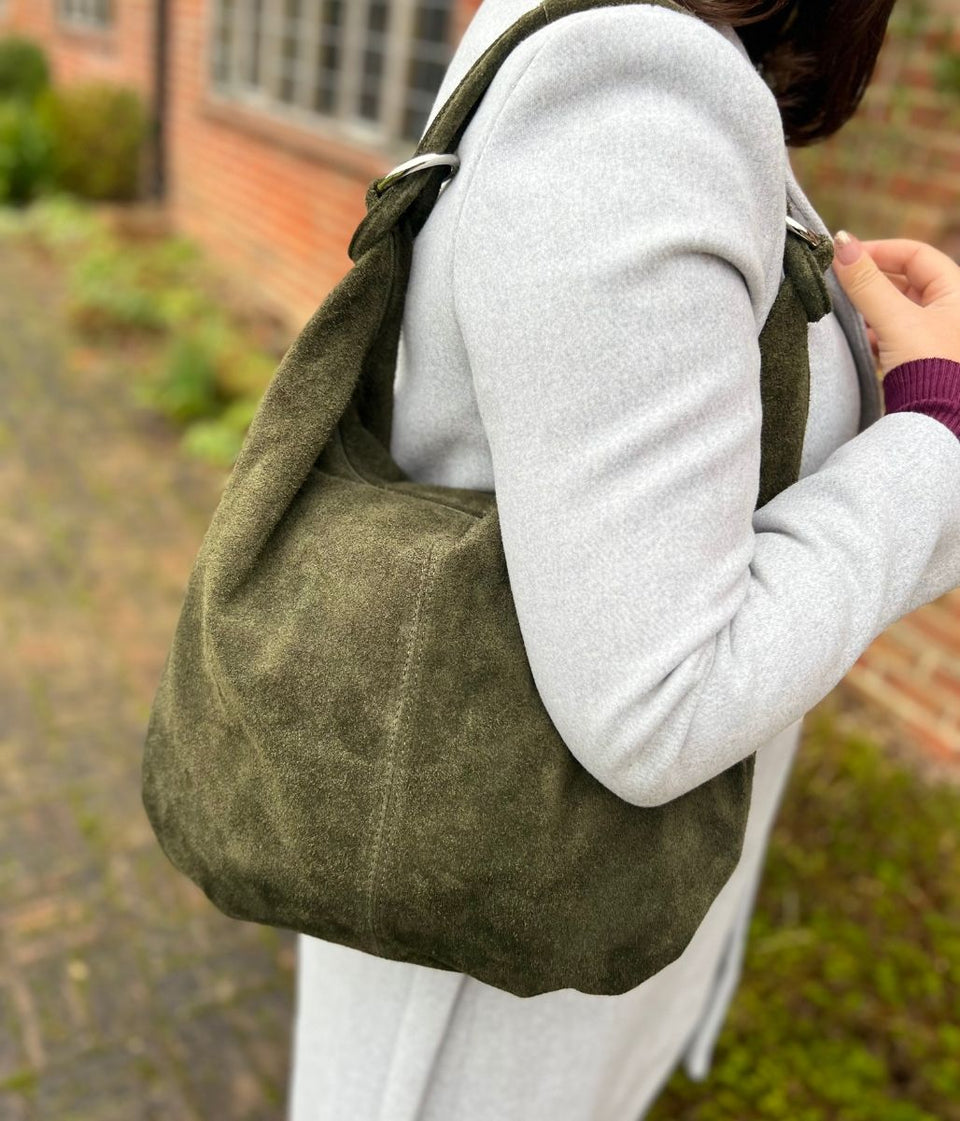 Green Suede Zipped Tote Bag