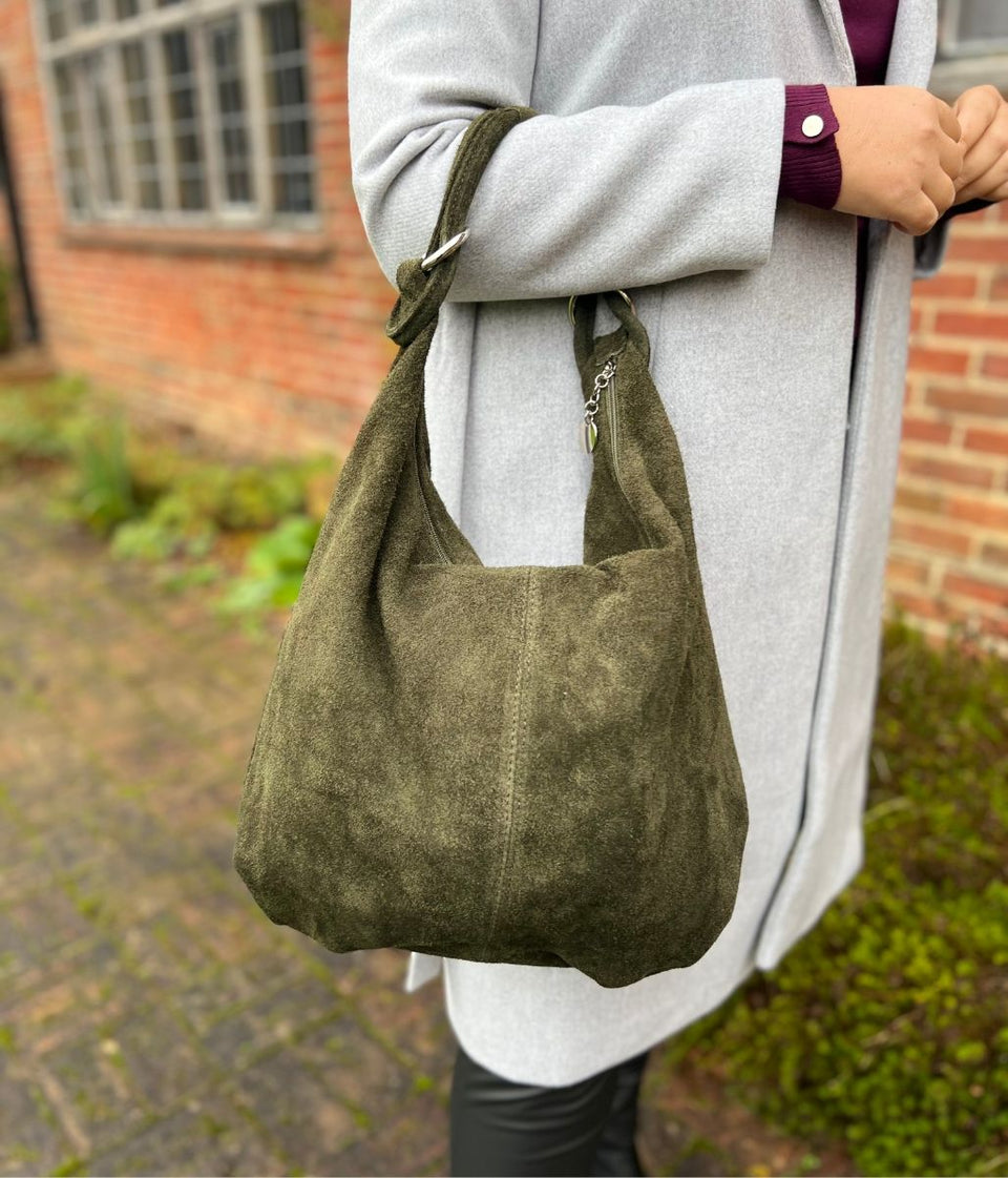 Olive green suede handbag online