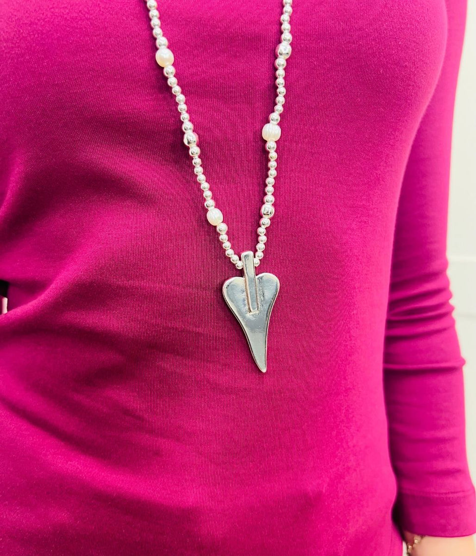 Silver Beaded Heart Pendant Necklace