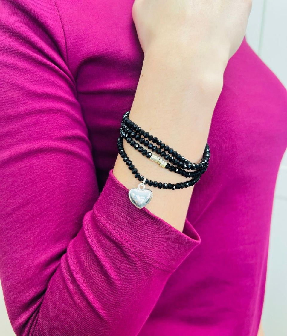 Black Beaded Heart Wrap Bracelet