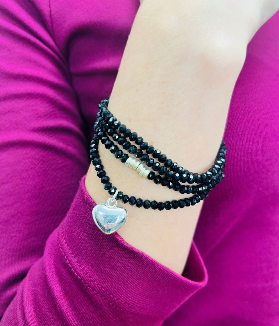 Black Beaded Heart Wrap Bracelet