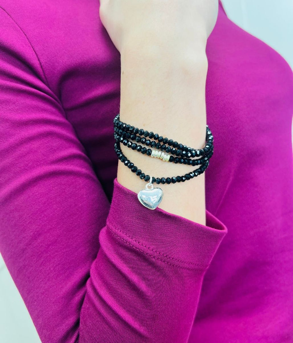 Black Beaded Heart Wrap Bracelet