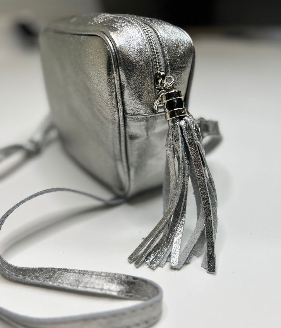 Pewter Leather Tassel Camera Bag