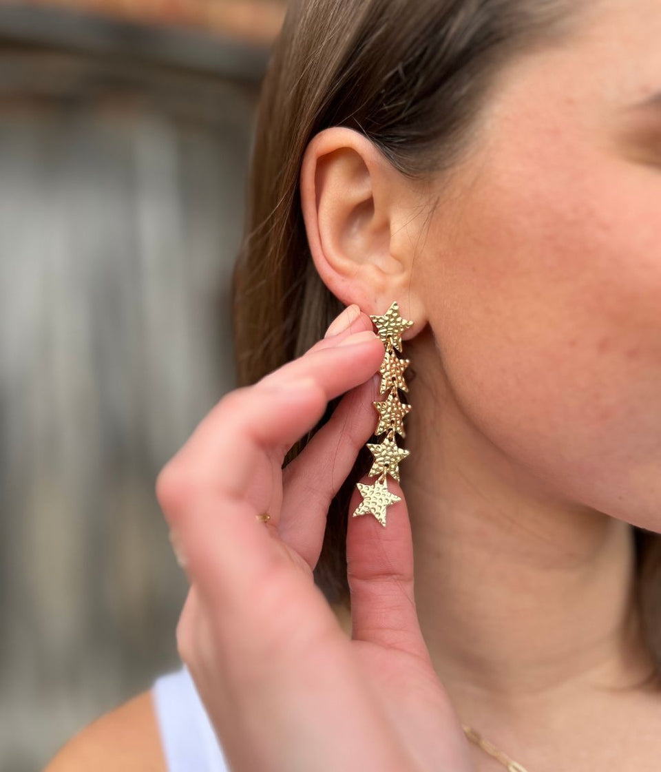 Gold Hammered Stars Drop Earring