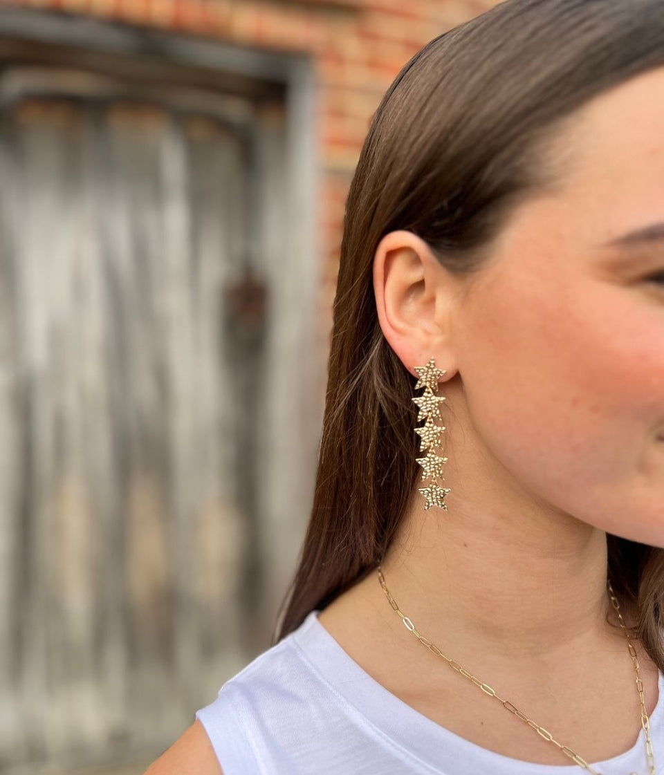 Gold Hammered Stars Drop Earring