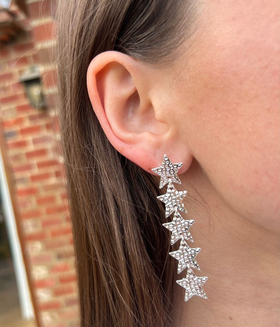 Silver Hammered Stars Drop Earring