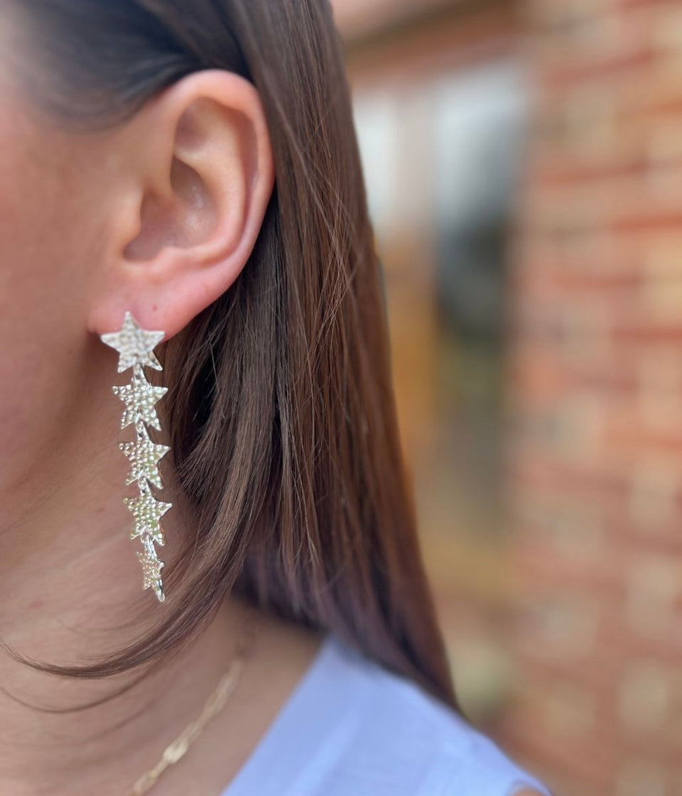 Silver Hammered Stars Drop Earring