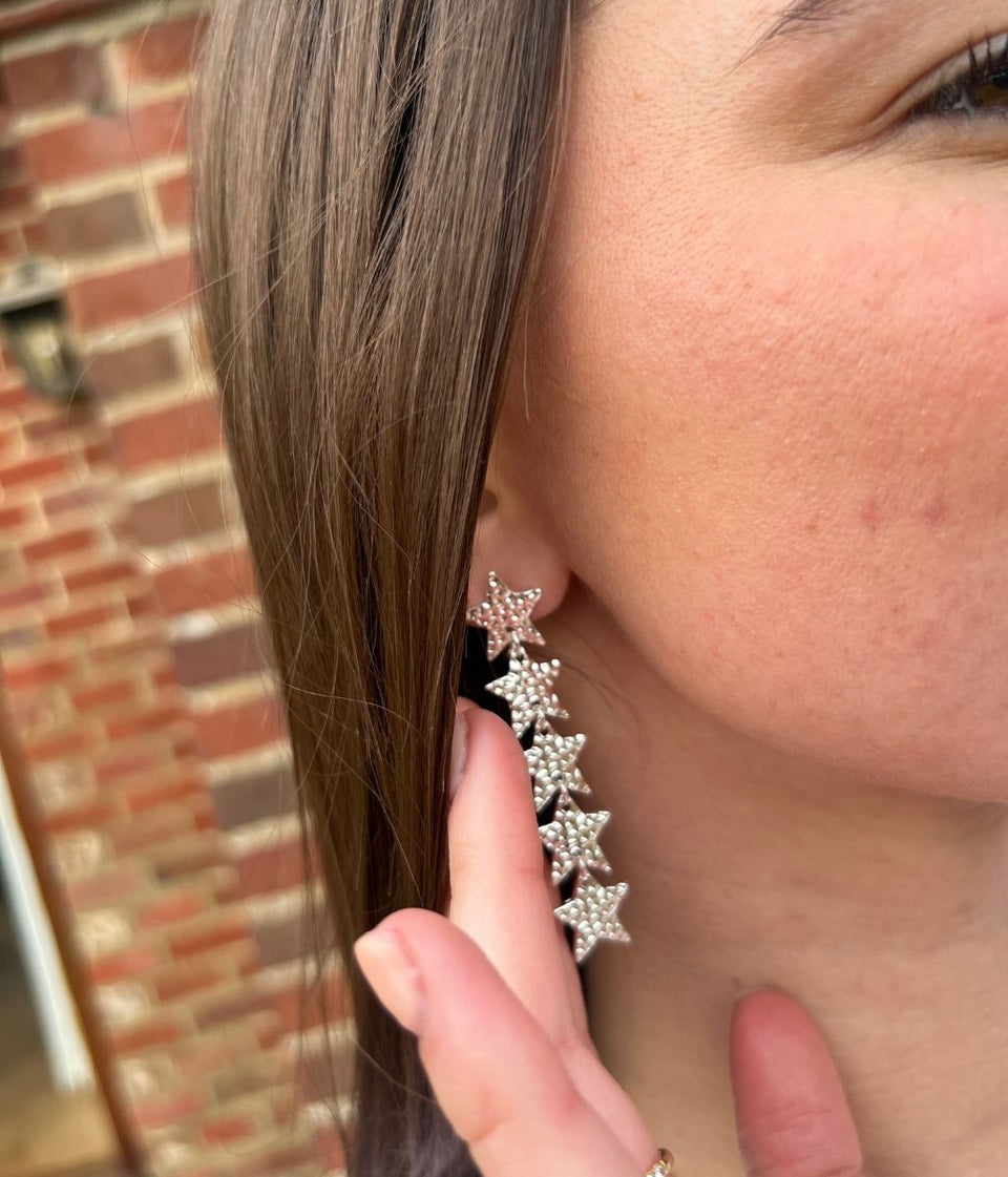 Silver Hammered Stars Drop Earring