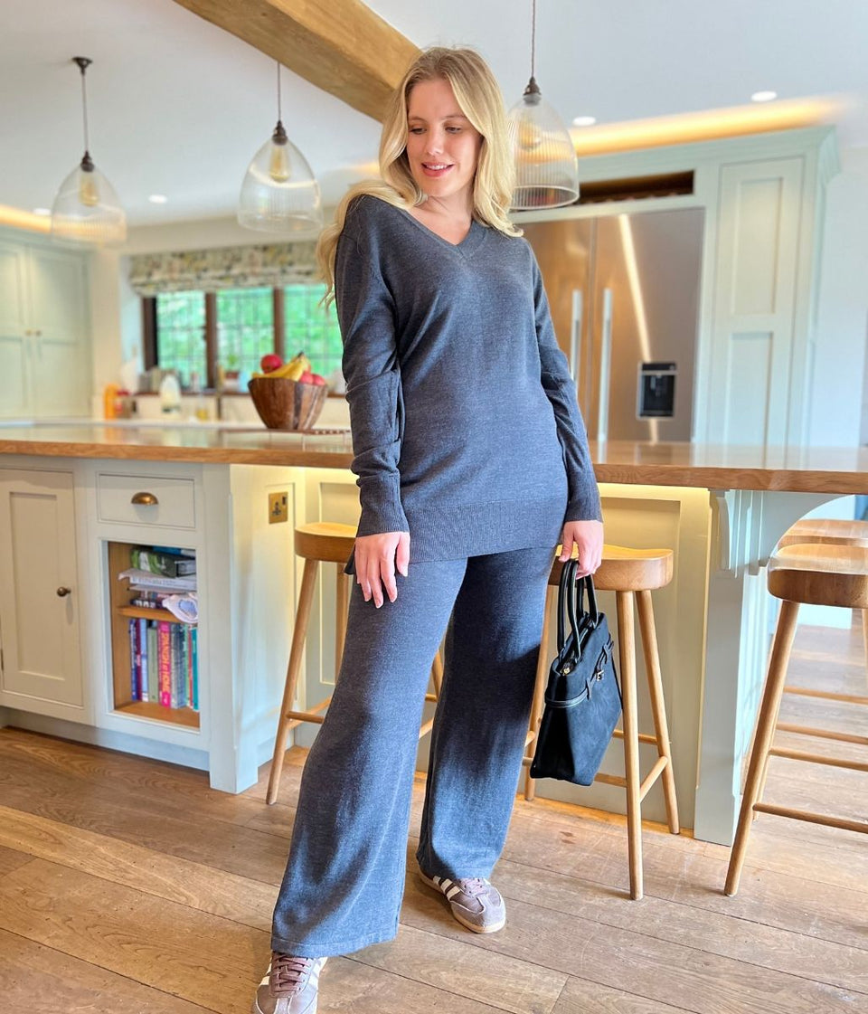 Grey V Neck Merino Wool Co-Ord Set