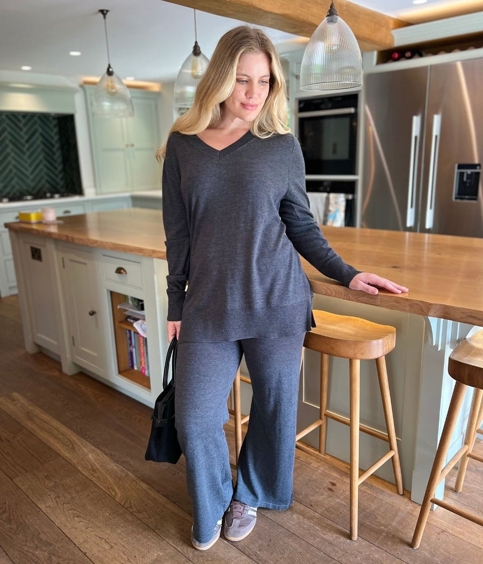 Grey V Neck Merino Wool Co-Ord Set