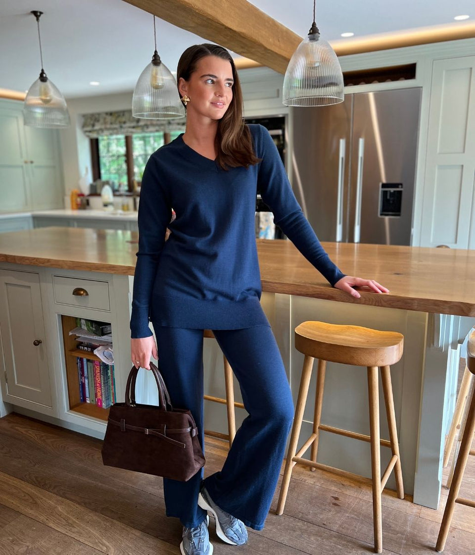 Navy V Neck Merino Wool Co-Ord Set