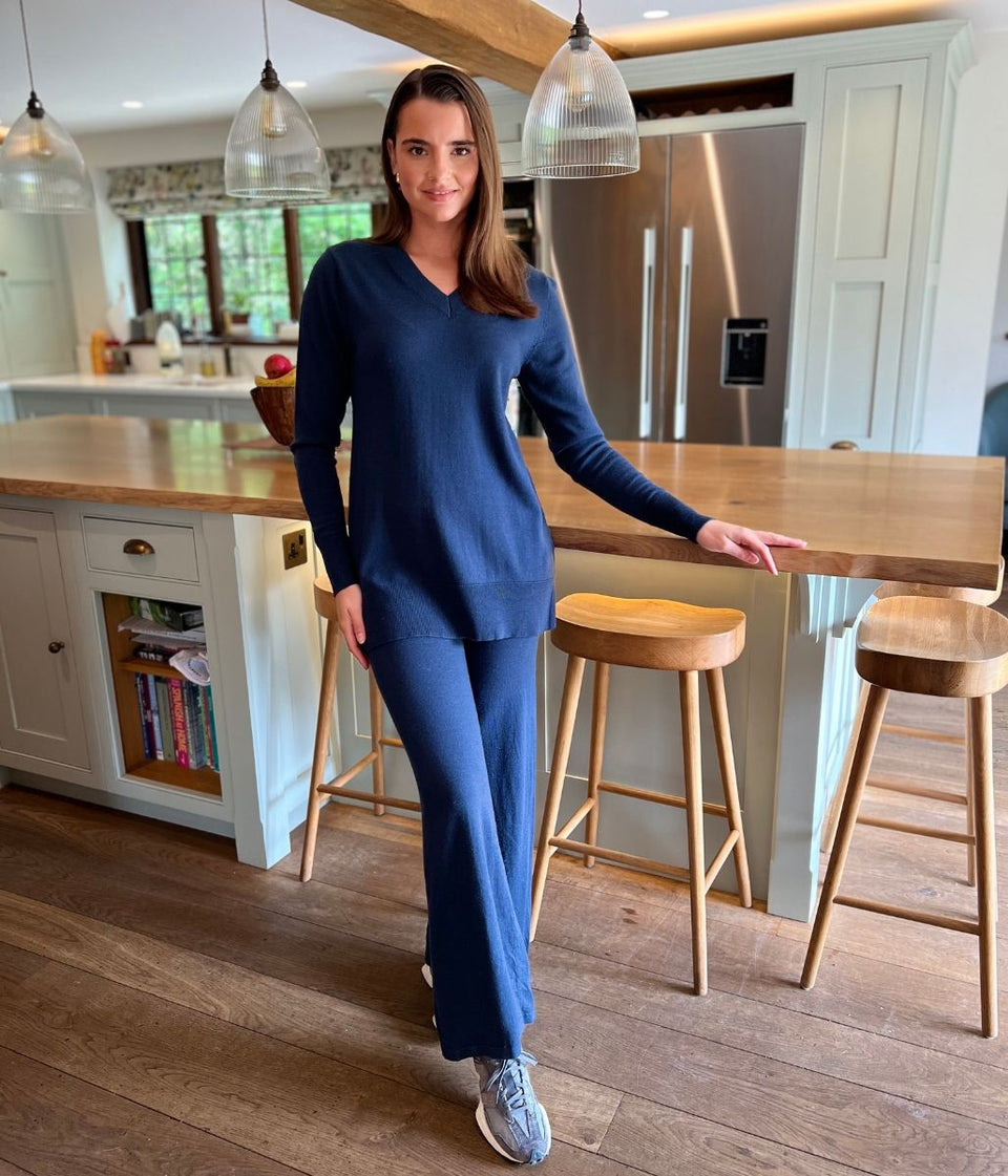 Navy V Neck Merino Wool Co-Ord Set