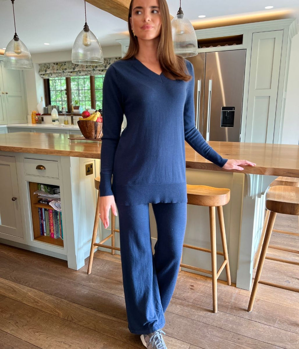 Navy V Neck Merino Wool Co-Ord Set